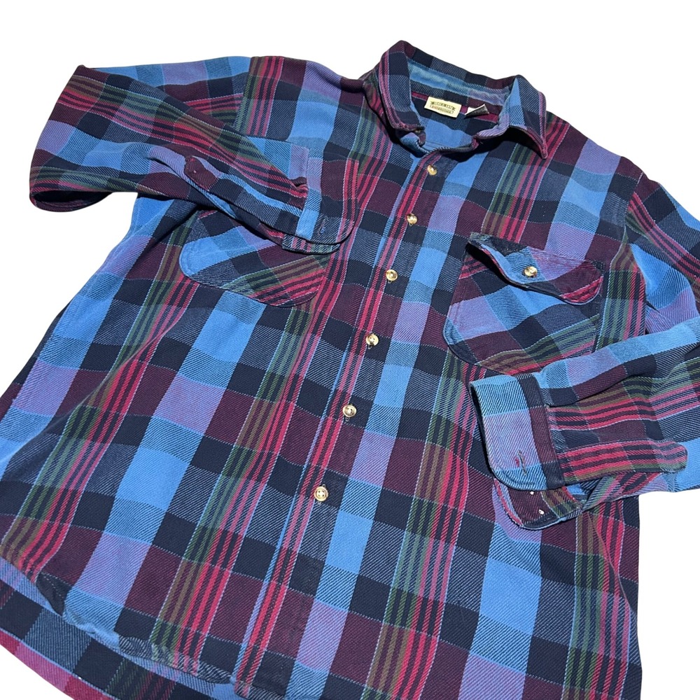 VTG‎ Five Brother Thick Flannel Shirt Mens L Blue Purple Plaid Long Sleeve Heavy